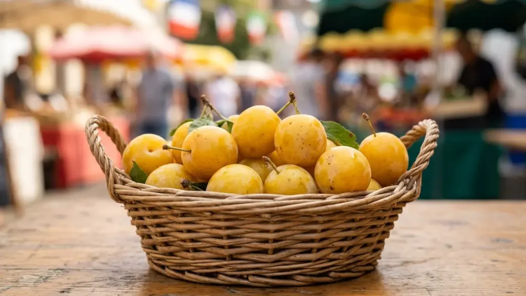 Un panier en osier rempli de mirabelles jaunes fraîches sur un marché local animé.