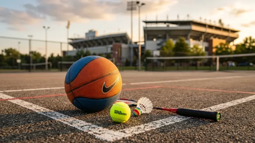 Un ballon de basket, une balle de tennis et un volant sur un terrain sportif.