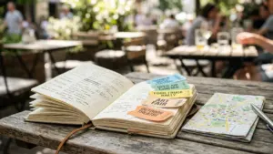 Un carnet ouvert avec des billets d'événements et une carte posés sur une table extérieure.