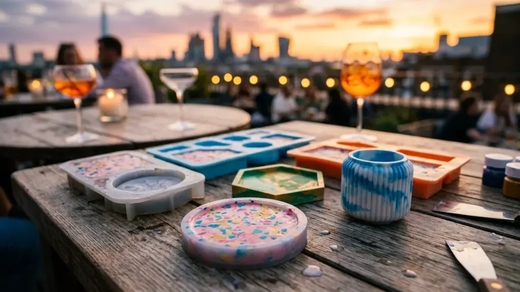 Des objets en résine colorée et des moules posés sur une table en bois.