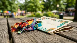 Des bracelets de festival colorés et un dépliant posés sur une table en bois.