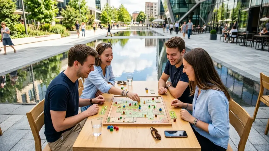 Quatre jeunes adultes joyeux jouent à un jeu de société sur une terrasse extérieure.