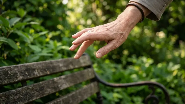 La main ridée d'une personne âgée effleure un banc en bois dans un parc verdoyant.