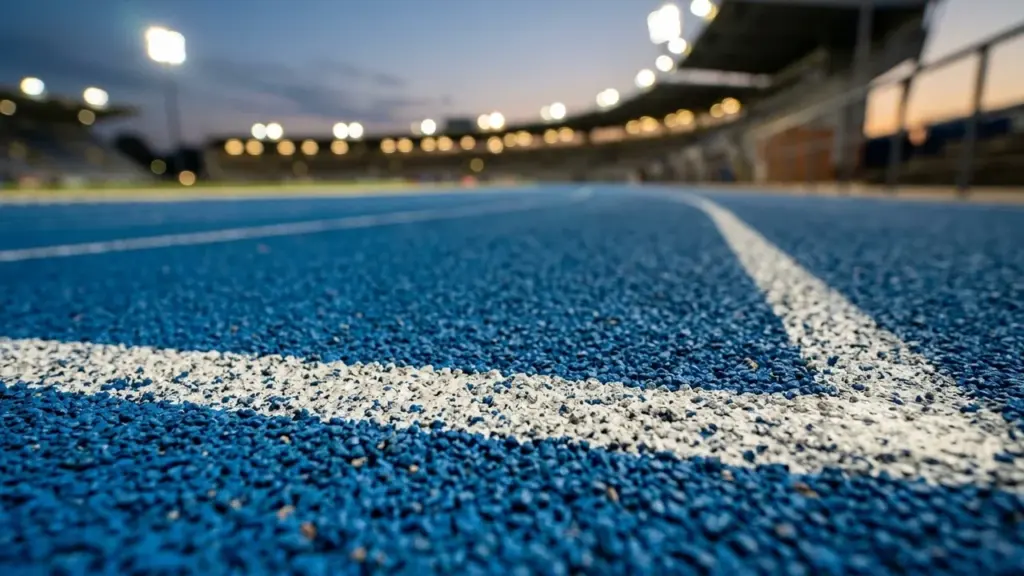 Gros plan sur une piste d'athlétisme bleue avec des lignes blanches sous les projecteurs nocturnes.