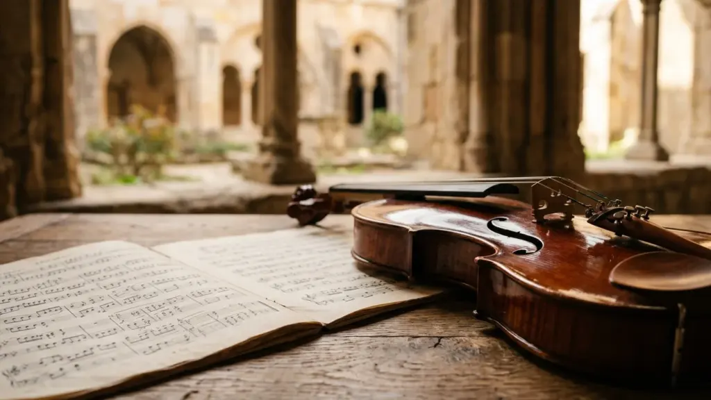 Un violon posé sur une partition ancienne devant une cour de cloître historique.