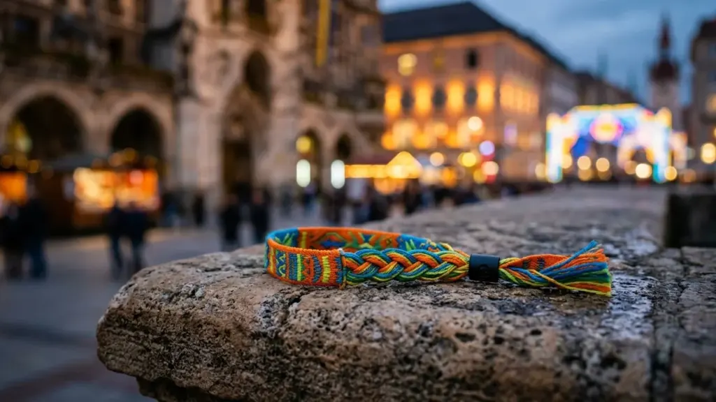 Un bracelet tressé coloré posé sur un rebord en pierre devant un marché flou.