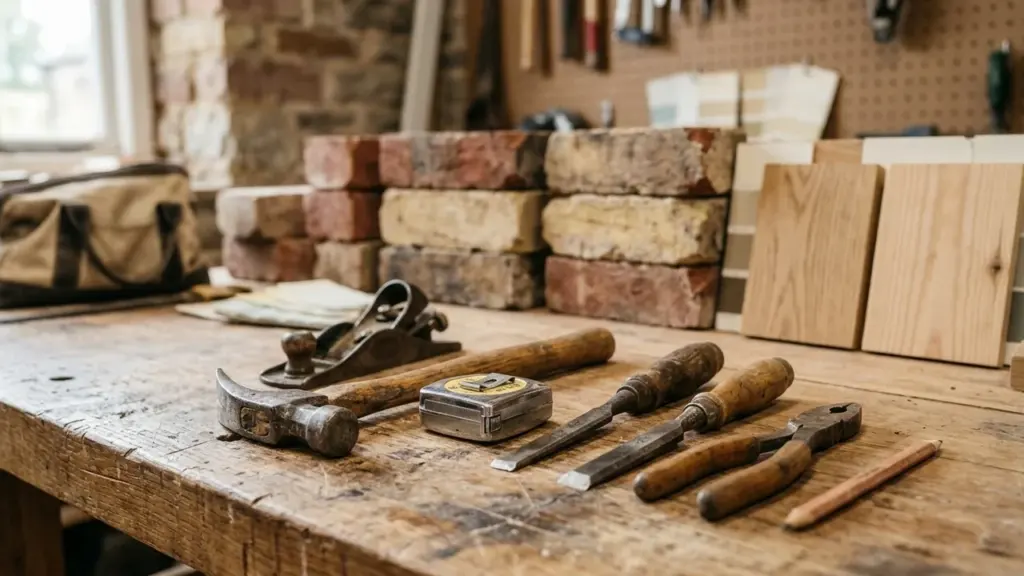Outils de menuiserie anciens posés sur un établi en bois avec des briques en arrière-plan.