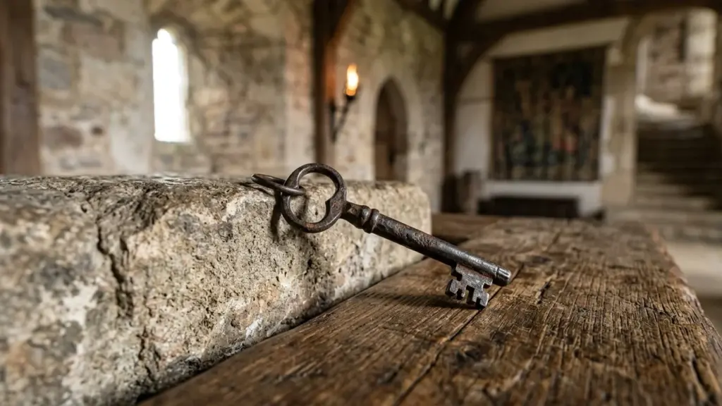 Une vieille clé en fer rouillée repose sur une table en bois médiévale ancienne.