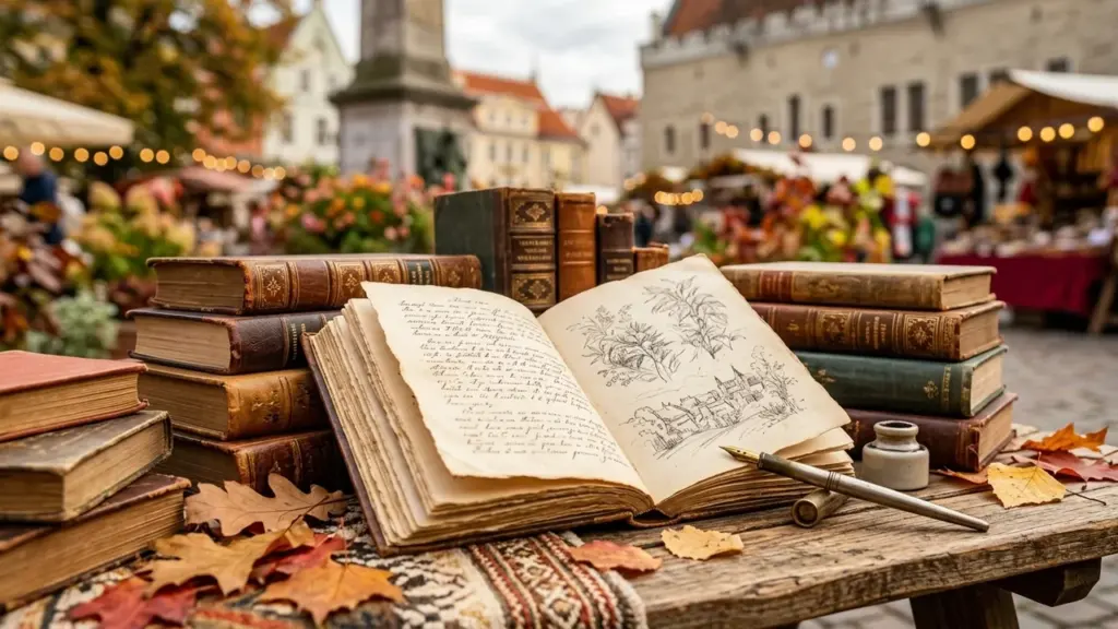 Un vieux livre ouvert avec un dessin et une plume sur une table automnale.