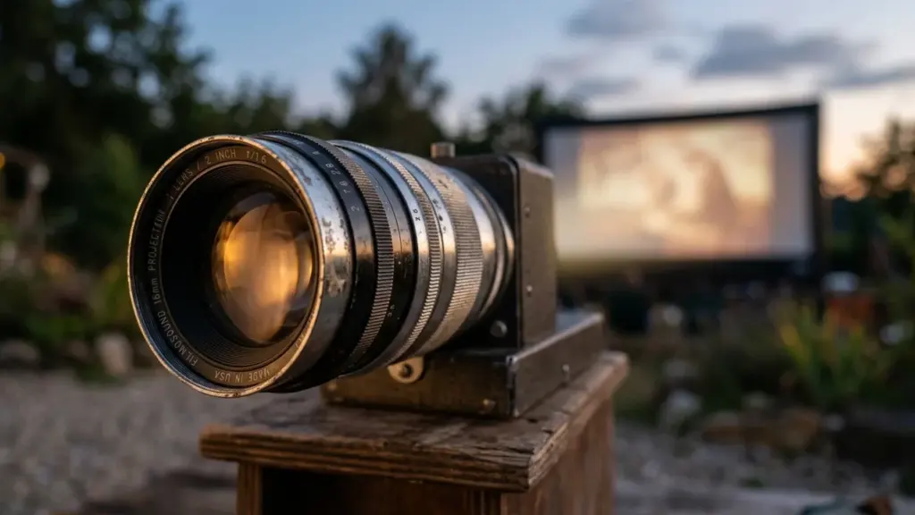 Un projecteur de film vintage posé sur une caisse devant un écran en plein air.