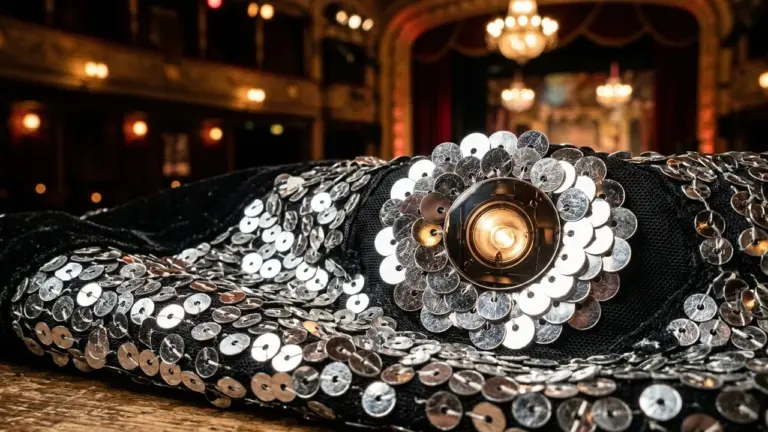 Un tissu noir recouvert de paillettes argentées brillantes posé devant une scène de théâtre.