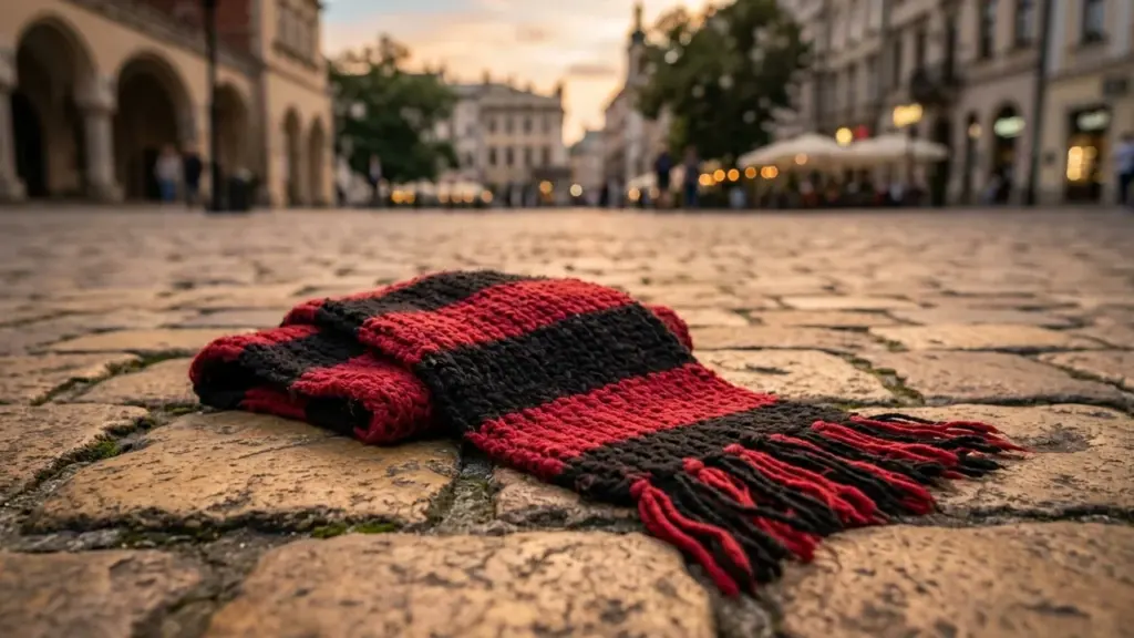 Une écharpe en laine à rayures rouges et noires posée sur des pavés urbains.