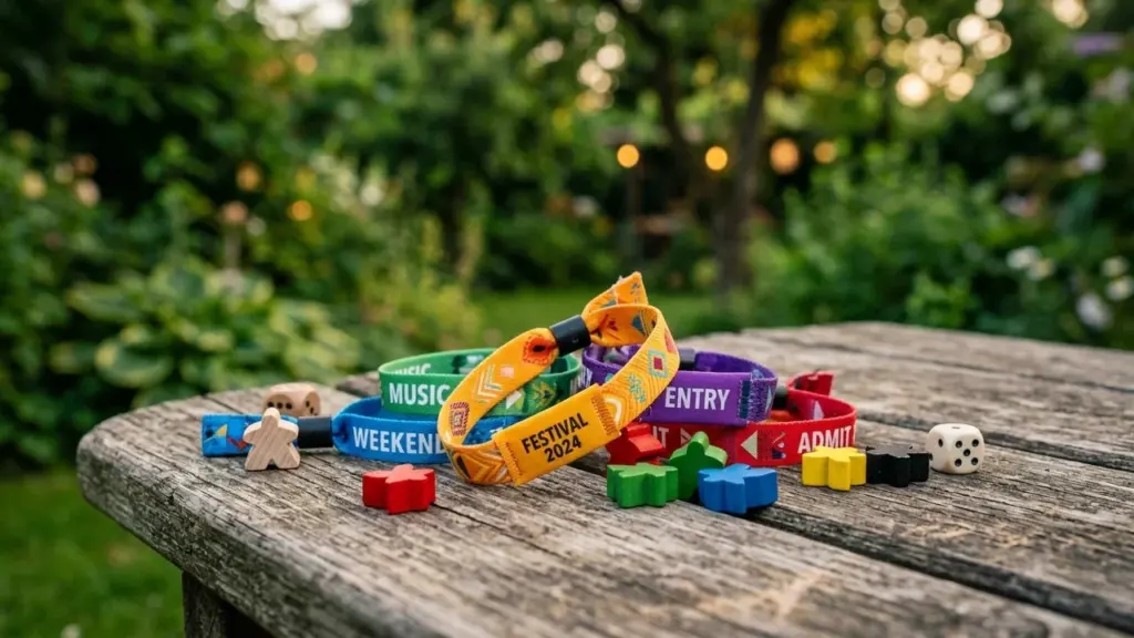 Plusieurs bracelets de festival colorés et des pions de jeux posés sur une table extérieure.