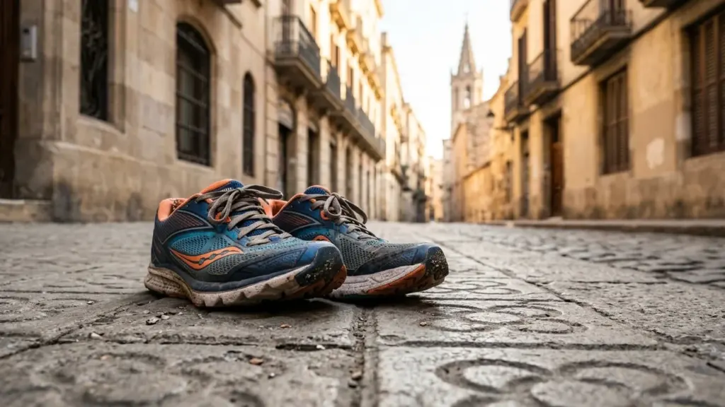 Une paire de chaussures de course usagées posée sur une rue pavée ancienne.