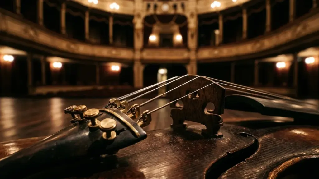 Gros plan sur les cordes et le chevalet d'un violoncelle sur une scène de théâtre.