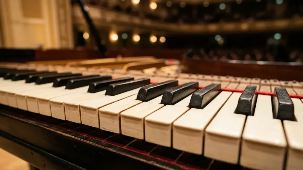 Gros plan sur le clavier d'un piano à queue dans une salle de concert.