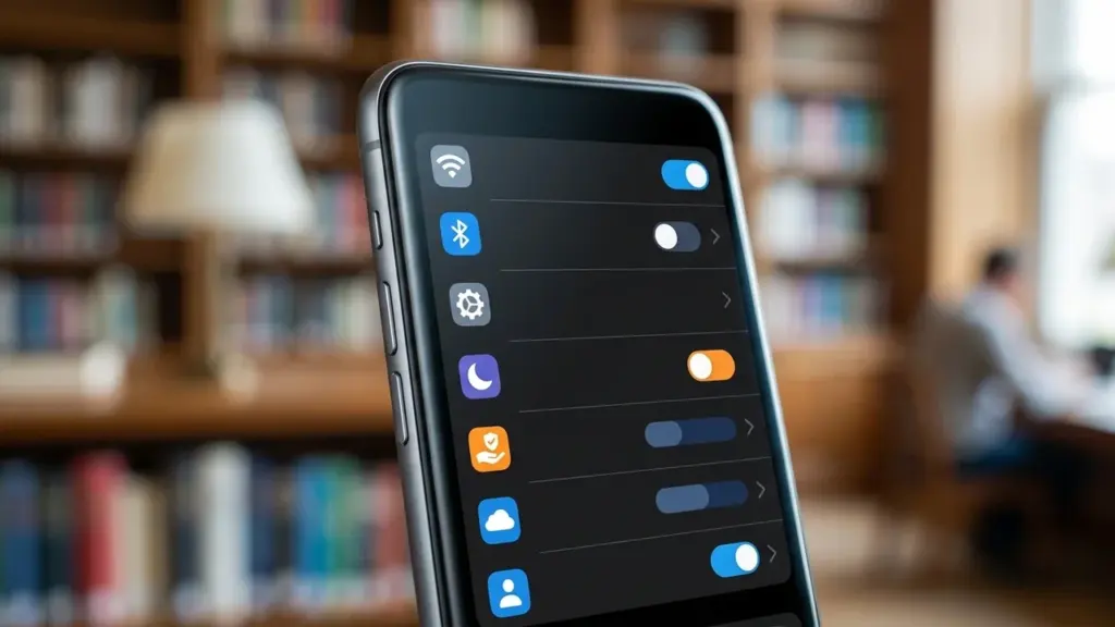 Gros plan sur un smartphone affichant un menu de réglages rapides avec des interrupteurs.