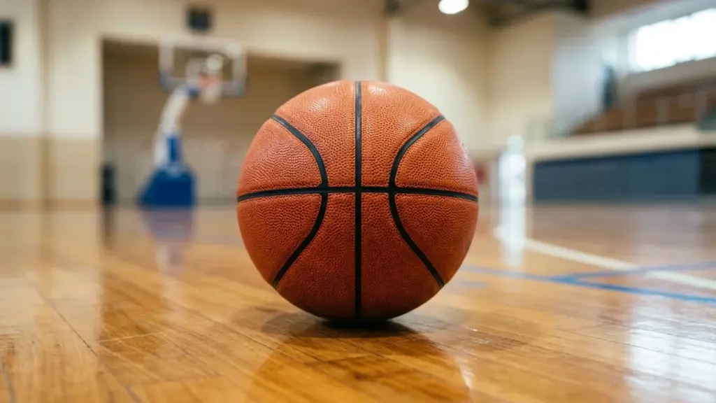 Un ballon de basket en cuir orange posé sur le parquet d'un gymnase intérieur.