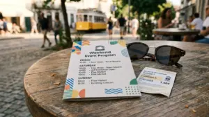 Un programme d'événements et un ticket de tram sur une table en terrasse ensoleillée.