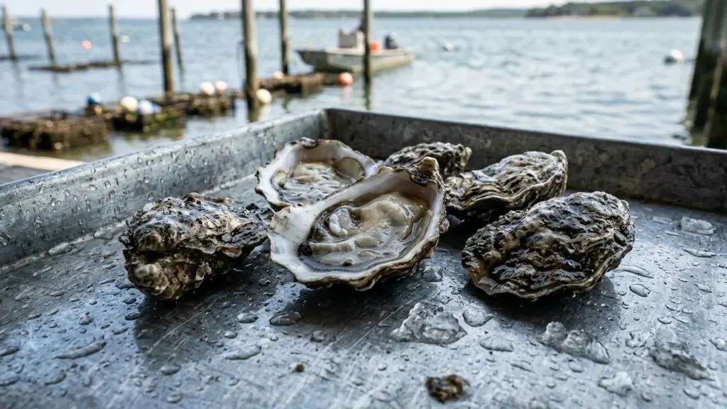 Plusieurs huîtres fraîches posées sur un plateau en métal mouillé près d'un port.