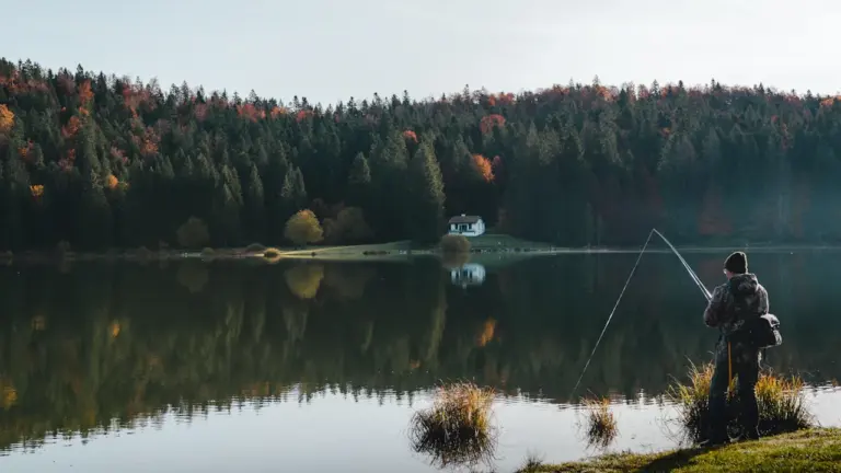 Une personne pêchant au bord d'un lac paisible entouré de forêts en France.