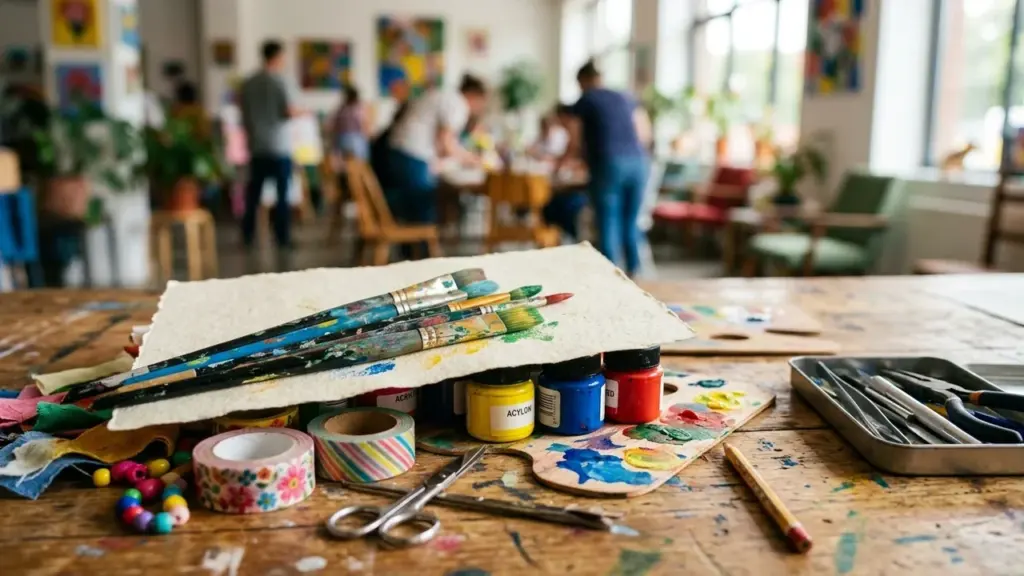 Pinceaux, peinture et matériel d'art posés sur une table en bois dans un atelier.