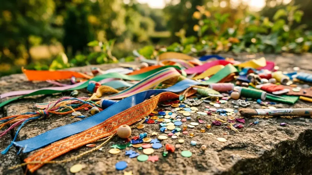 Des rubans colorés, des perles et des paillettes éparpillés sur un muret en pierre.