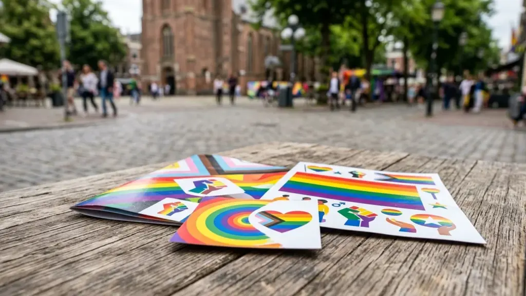 Des dépliants et autocollants aux couleurs arc-en-ciel LGBTQ+ posés sur une table en bois.
