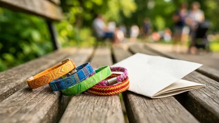 Plusieurs bracelets colorés et un petit livret posés sur un banc en bois extérieur.