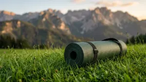 Un tapis de yoga vert enroulé posé dans une prairie face aux montagnes alpines.