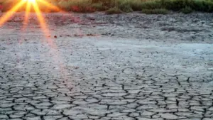 Un sol aride et craquelé sous un soleil couchant brillant à l'horizon d'un paysage.