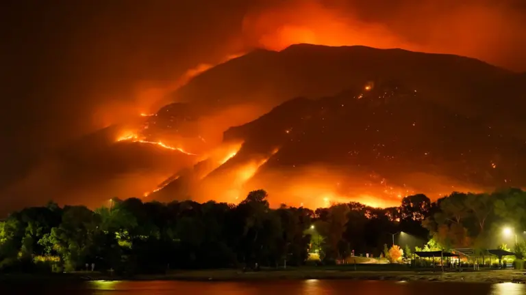 Un incendie de forêt impressionnant illumine la montagne pendant la nuit à Rezé.