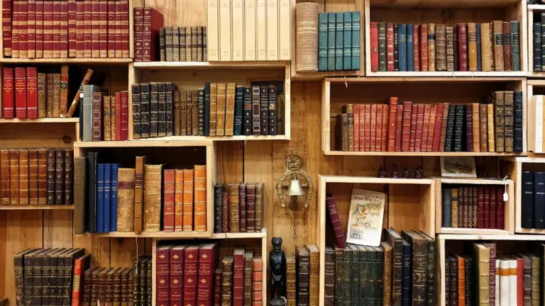Étagères remplies de livres anciens dans une bibliothèque, ambiance chaleureuse et culturelle.
