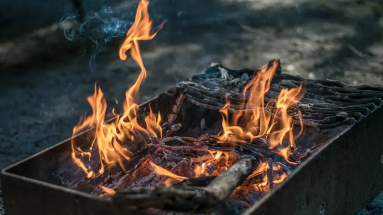 Un barbecue en plein air avec des flammes vives dans un foyer métallique.